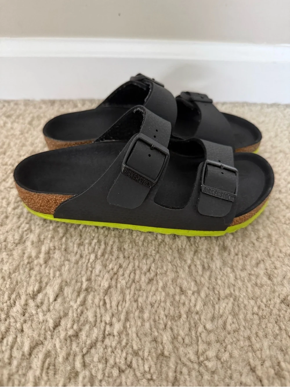 Birkenstock Kids Black Sandals with Lime Trim